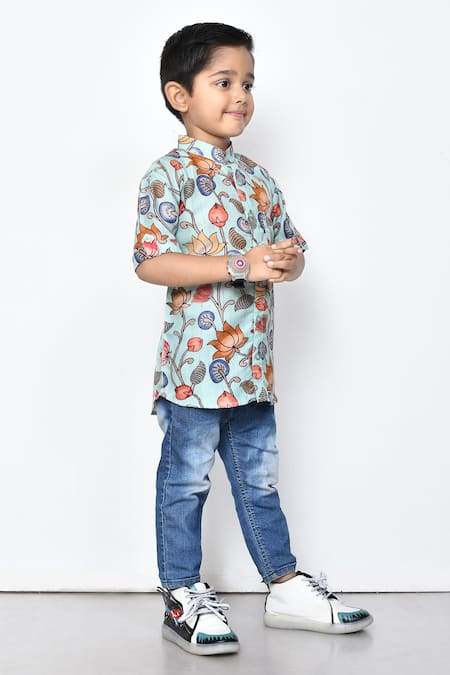 Samyukta Singhania_Blue Cotton Floral Pattern Half Sleeve Shirt _at_Aza_Fashions