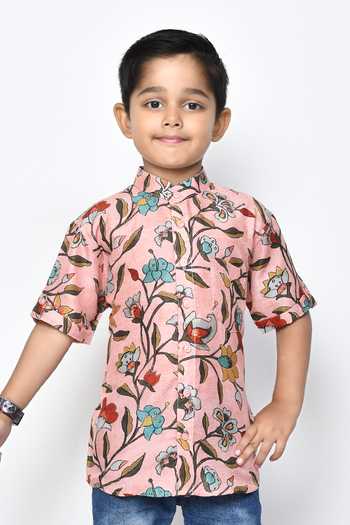 Petite Pomme_Pink Cotton Floral Pattern Half Sleeve Shirt _Online_at_Aza_Fashions