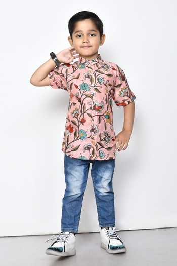 Buy_Petite Pomme_Pink Cotton Floral Pattern Half Sleeve Shirt _Online_at_Aza_Fashions