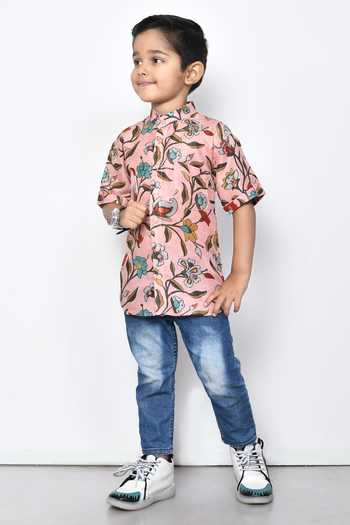 Shop_Petite Pomme_Pink Cotton Floral Pattern Half Sleeve Shirt _Online_at_Aza_Fashions