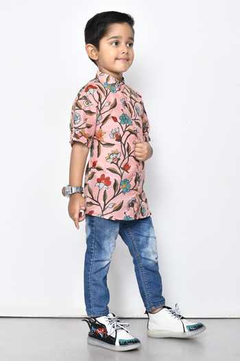 Petite Pomme_Pink Cotton Floral Pattern Half Sleeve Shirt _at_Aza_Fashions