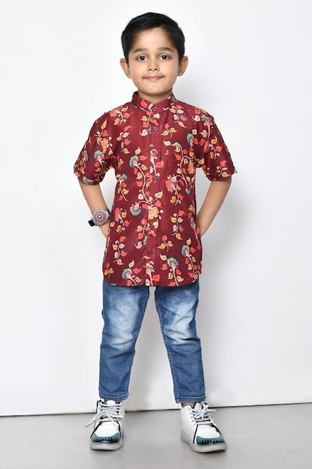 Petite Pomme_Maroon Cotton Embroidery Floral Pattern Shirt _Online_at_Aza_Fashions