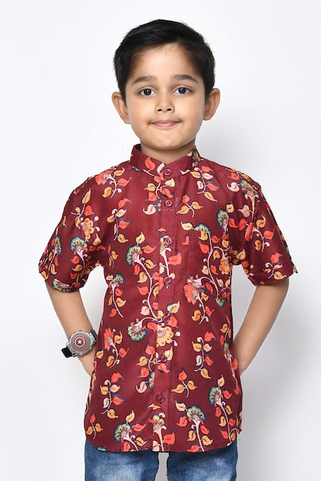 Buy_Petite Pomme_Maroon Cotton Embroidery Floral Pattern Shirt _Online_at_Aza_Fashions