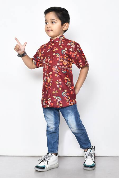 Shop_Petite Pomme_Maroon Cotton Embroidery Floral Pattern Shirt _Online_at_Aza_Fashions