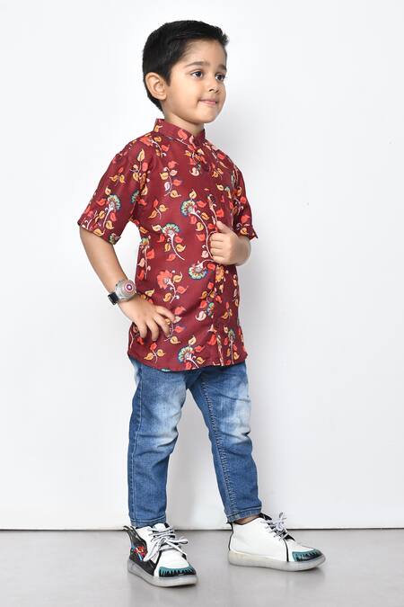 Petite Pomme_Maroon Cotton Embroidery Floral Pattern Shirt _at_Aza_Fashions