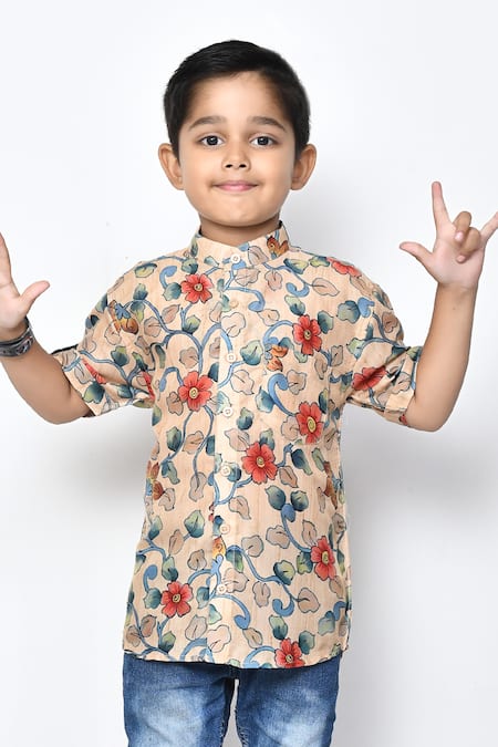 Petite Pomme Beige Cotton Embroidery Floral Print Band Collar Shirt Online at Aza Fashions Petite Pomme_Beige Cotton Embroidery Floral Print Band Collar Shirt _Online_at_Aza_Fashions