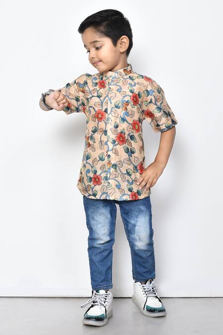 Buy_Petite Pomme_Beige Cotton Embroidery Floral Print Band Collar Shirt _Online_at_Aza_Fashions