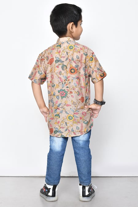 Petite Pomme Floral Pattern Band Collar Cotton Shirt 
