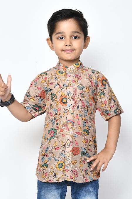 Petite Pomme_Brown Cotton Floral Pattern Band Collar Shirt _Online_at_Aza_Fashions