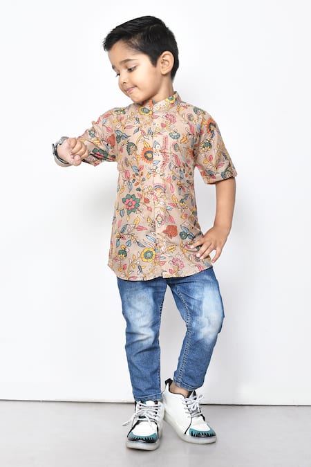 Buy_Petite Pomme_Brown Cotton Floral Pattern Band Collar Shirt _Online_at_Aza_Fashions