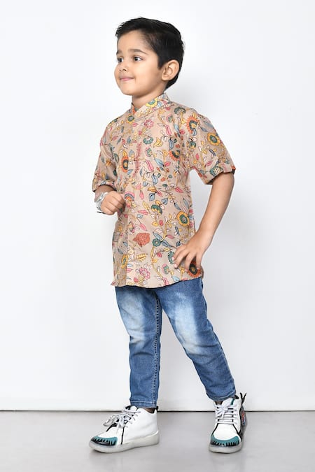 Shop_Petite Pomme_Brown Cotton Floral Pattern Band Collar Shirt _Online_at_Aza_Fashions