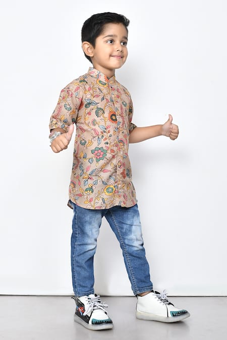 Petite Pomme_Brown Cotton Floral Pattern Band Collar Shirt _at_Aza_Fashions