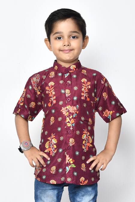 Petite Pomme_Maroon Cotton Floral Print Shirt _Online_at_Aza_Fashions