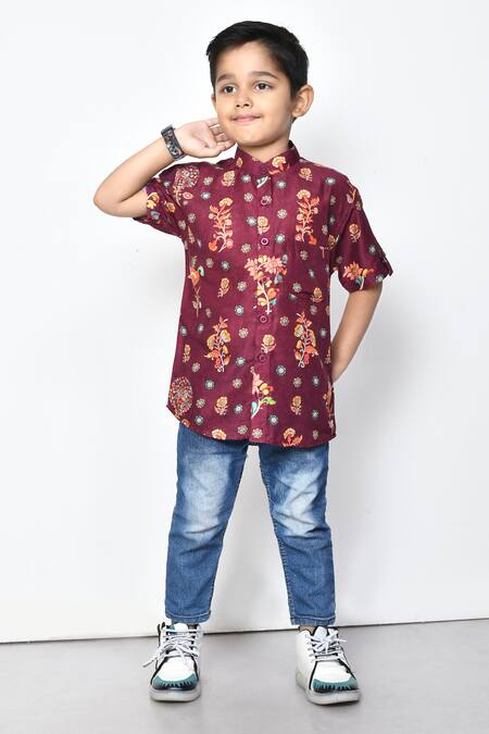 Buy_Petite Pomme_Maroon Cotton Floral Print Shirt _Online_at_Aza_Fashions
