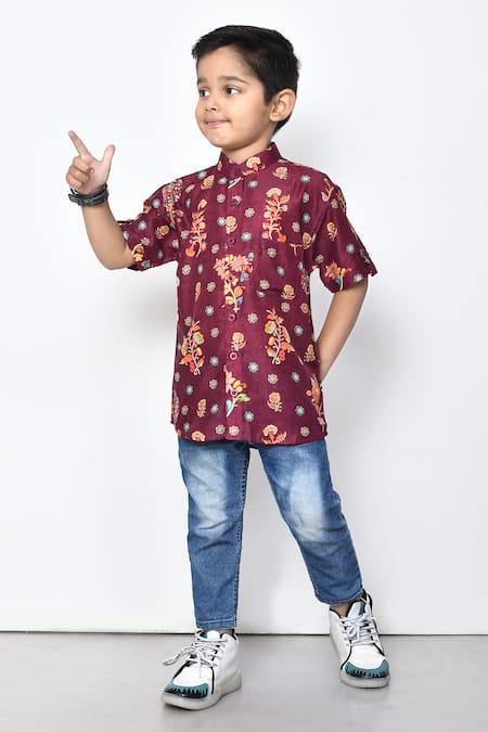 Shop_Petite Pomme_Maroon Cotton Floral Print Shirt _Online_at_Aza_Fashions