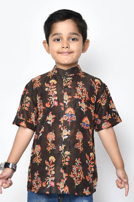 Petite Pomme_Brown Cotton Embroidery Floral Pattern Shirt _Online_at_Aza_Fashions