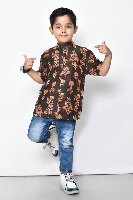 Buy_Petite Pomme_Brown Cotton Embroidery Floral Pattern Shirt _Online_at_Aza_Fashions