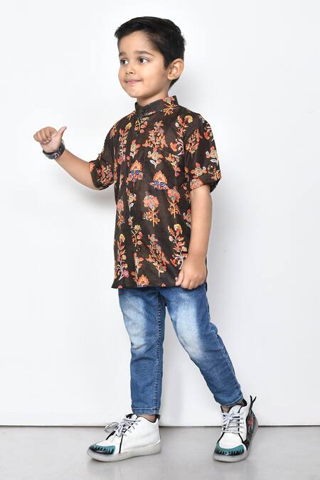 Shop_Petite Pomme_Brown Cotton Embroidery Floral Pattern Shirt _Online_at_Aza_Fashions