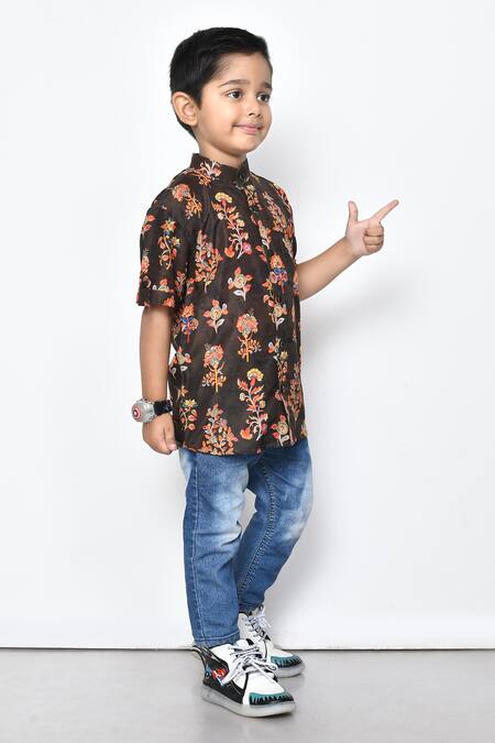 Petite Pomme_Brown Cotton Embroidery Floral Pattern Shirt _at_Aza_Fashions