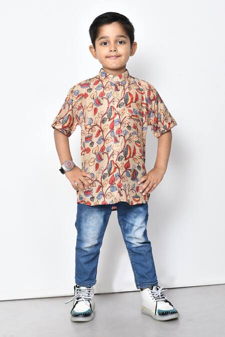 Petite Pomme_Beige Cotton Floral Print Half Sleeve Shirt _Online_at_Aza_Fashions