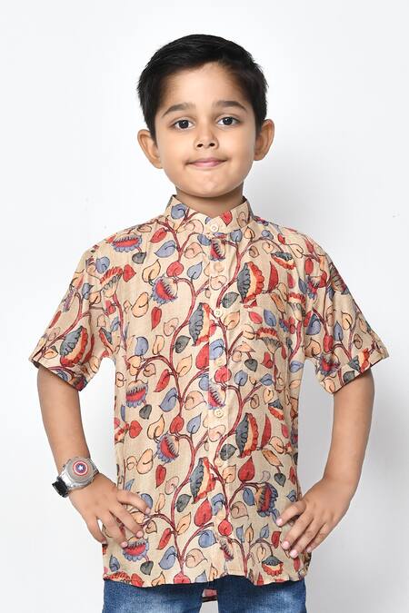 Buy_Petite Pomme_Beige Cotton Floral Print Half Sleeve Shirt _Online_at_Aza_Fashions