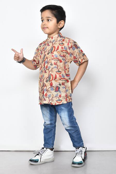 Shop_Petite Pomme_Beige Cotton Floral Print Half Sleeve Shirt _Online_at_Aza_Fashions