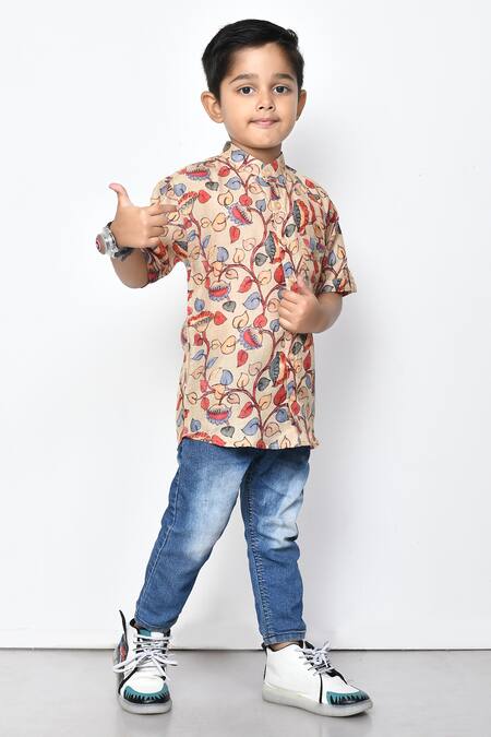 Petite Pomme_Beige Cotton Floral Print Half Sleeve Shirt _at_Aza_Fashions