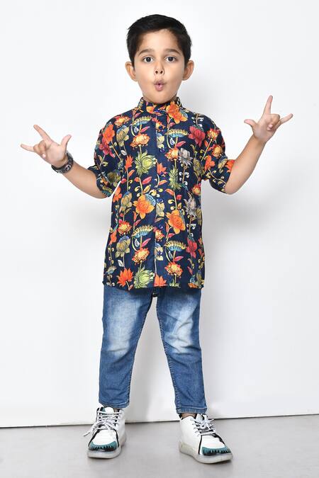 Petite Pomme_Blue Cotton Floral Pattern Half Sleeve Shirt _Online_at_Aza_Fashions