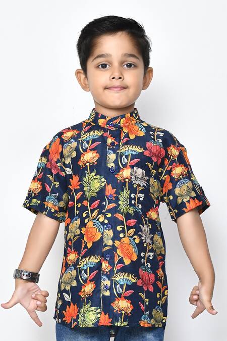 Buy_Petite Pomme_Blue Cotton Floral Pattern Half Sleeve Shirt _Online_at_Aza_Fashions