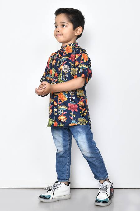 Shop_Petite Pomme_Blue Cotton Floral Pattern Half Sleeve Shirt _Online_at_Aza_Fashions