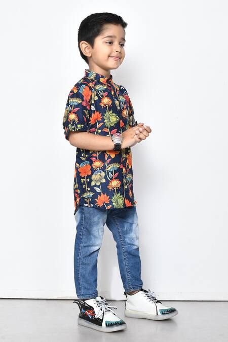 Petite Pomme_Blue Cotton Floral Pattern Half Sleeve Shirt _at_Aza_Fashions