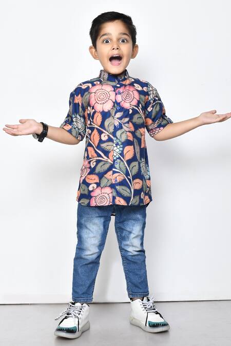 Petite Pomme_Blue Cotton Floral Print Half Sleeve Shirt _Online_at_Aza_Fashions