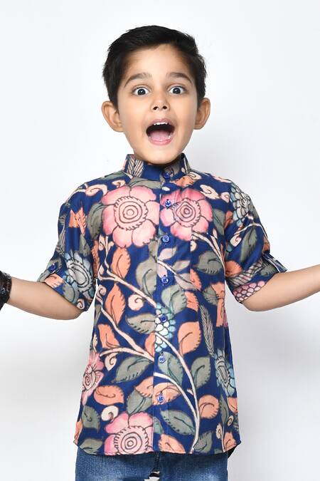 Buy_Petite Pomme_Blue Cotton Floral Print Half Sleeve Shirt _Online_at_Aza_Fashions