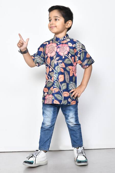 Shop_Petite Pomme_Blue Cotton Floral Print Half Sleeve Shirt _Online_at_Aza_Fashions