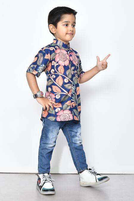 Petite Pomme_Blue Cotton Floral Print Half Sleeve Shirt _at_Aza_Fashions