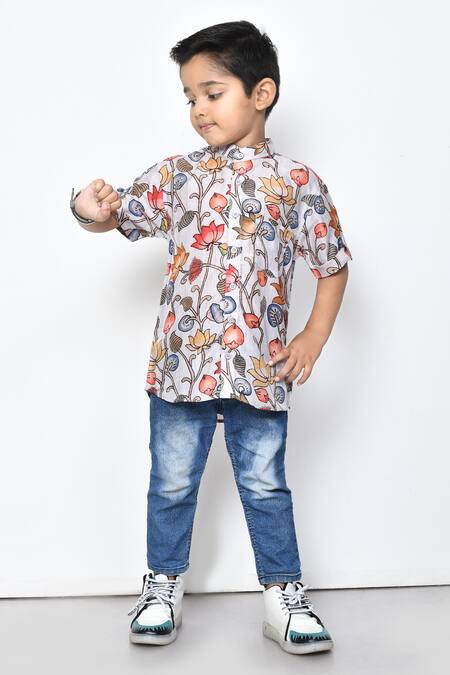 Petite Pomme_Blue Cotton Floral Pattern Half Sleeve Shirt _Online_at_Aza_Fashions