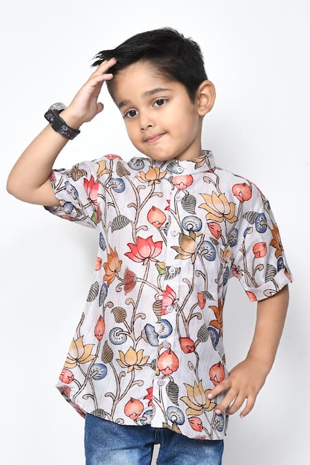 Buy_Petite Pomme_Blue Cotton Floral Pattern Half Sleeve Shirt _Online_at_Aza_Fashions