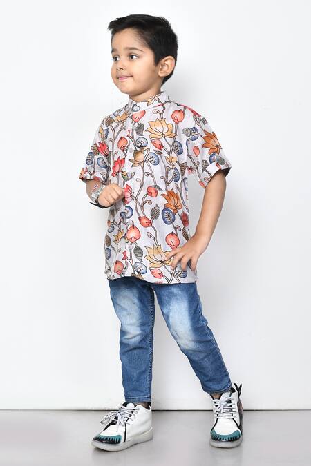 Shop_Petite Pomme_Blue Cotton Floral Pattern Half Sleeve Shirt _Online_at_Aza_Fashions