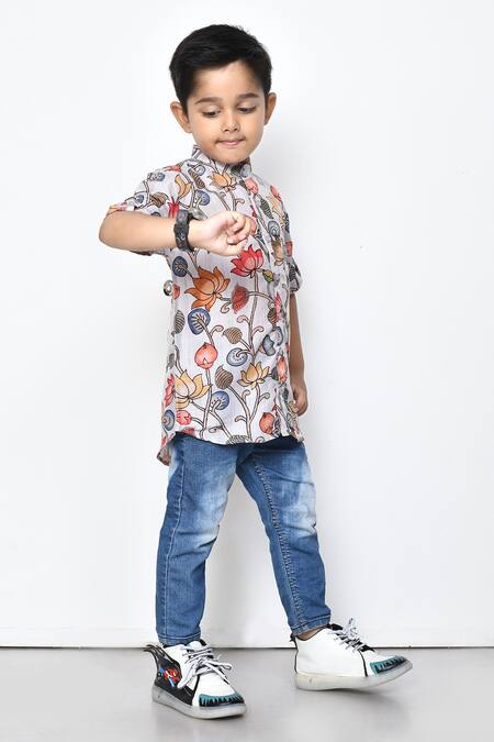 Petite Pomme_Blue Cotton Floral Pattern Half Sleeve Shirt _at_Aza_Fashions