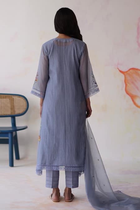 Shop Begum Blue Silk, Cotton, Embroidery, Amaltas Hand Kurta Pant Set at Aza Fashions Shop_Begum_Blue Silk, Cotton, Embroidery, Amaltas Hand Kurta Pant Set _at_Aza_Fashions