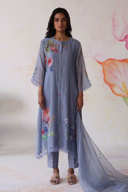 Begum Blue Silk, Cotton, Embroidery, Amaltas Hand Kurta Pant Set Online at Aza Fashions Begum_Blue Silk, Cotton, Embroidery, Amaltas Hand Kurta Pant Set _Online_at_Aza_Fashions