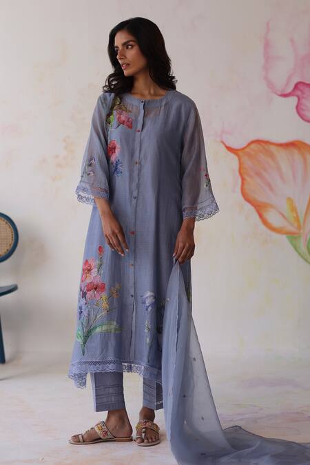 Buy Begum Blue Silk, Cotton, Embroidery, Amaltas Hand Kurta Pant Set Online at Aza Fashions Buy_Begum_Blue Silk, Cotton, Embroidery, Amaltas Hand Kurta Pant Set _Online_at_Aza_Fashions