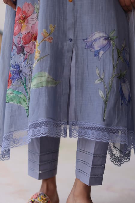 Shop Begum Blue Silk, Cotton, Embroidery, Amaltas Hand Kurta Pant Set Online at Aza Fashions Shop_Begum_Blue Silk, Cotton, Embroidery, Amaltas Hand Kurta Pant Set _Online_at_Aza_Fashions
