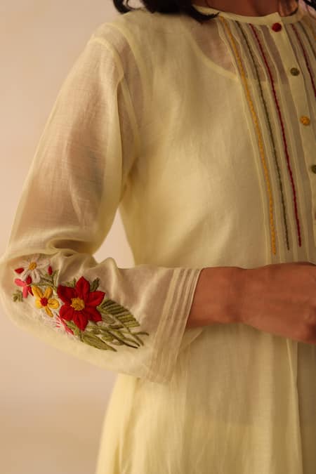 Begum Yellow Chanderi Silk, Cotton Tassels, Embroidery Round Aqsa Hand Kurta Pant Set at Aza Fashions Begum_Yellow Chanderi Silk, Cotton Tassels, Embroidery Round Aqsa Hand Kurta Pant Set _at_Aza_Fashions