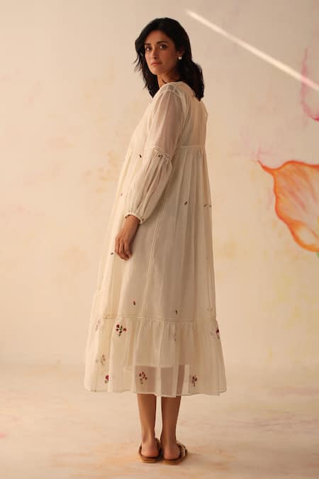 Buy Begum Ivory Chanderi, Cotton Embroidery Split V-neck Chinaar Hand Dress With Slip Online at Aza Fashions Buy_Begum_Ivory Chanderi, Cotton Embroidery Split V-neck Chinaar Hand Dress With Slip _Online_at_Aza_Fashions