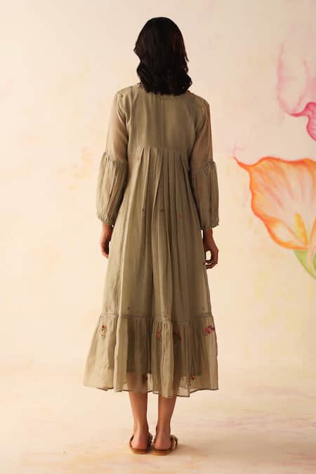 Shop_Begum_Green Chanderi, Cotton Embroidery Open Neck Chinaar Dress With Slip _at_Aza_Fashions