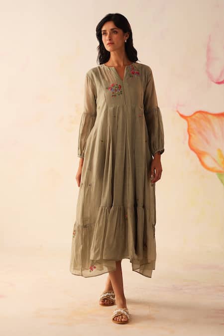 Begum_Green Chanderi, Cotton Embroidery Open Neck Chinaar Dress With Slip _Online_at_Aza_Fashions