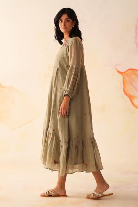 Shop_Begum_Green Chanderi, Cotton Embroidery Open Neck Chinaar Dress With Slip _Online_at_Aza_Fashions