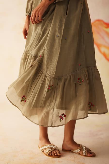 Buy_Begum_Green Chanderi, Cotton Embroidery Open Neck Chinaar Dress With Slip 