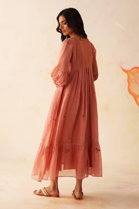 Shop Begum Peach Chanderi, Cotton Embroidery Open Neck Chinaar Floral Dress With Slip at Aza Fashions Shop_Begum_Peach Chanderi, Cotton Embroidery Open Neck Chinaar Floral Dress With Slip _at_Aza_Fashions